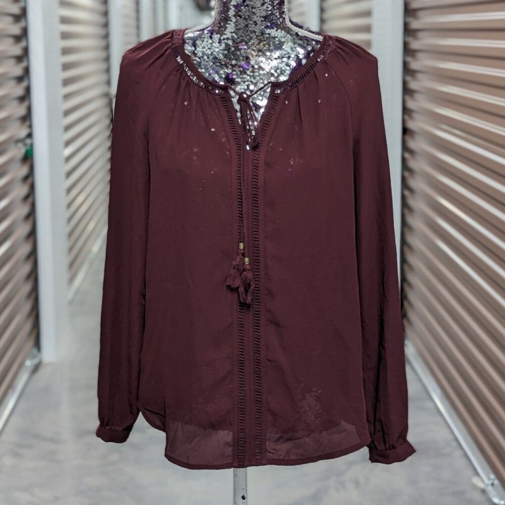 Daniel Rainn‎ Boho Chic Size Small Burgundy Flowy Peasant Top Roll Up Sleeves